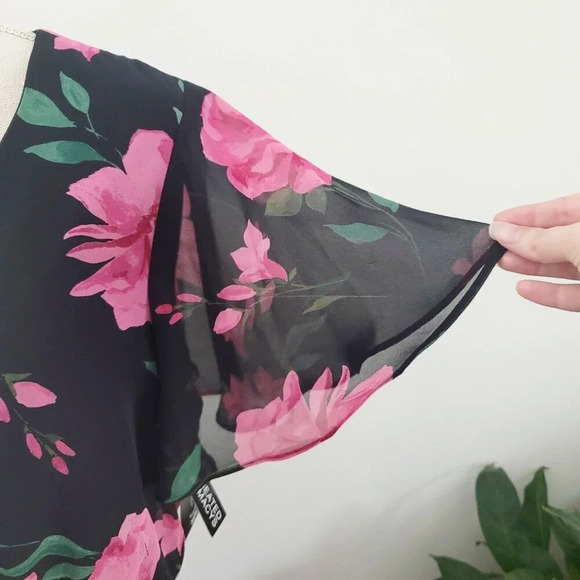 INC International Concepts Pink Black Floral Faux Wrap Midi Flutter Dress 10 M - Picture 6 of 16